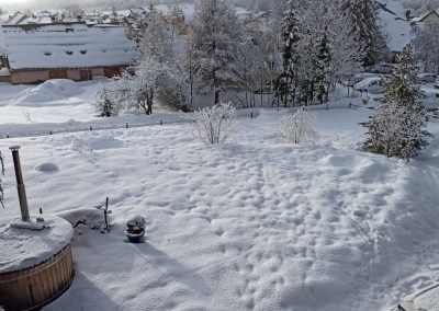 Vue jardin enneigé chalet en location à le Monêtier les bains, Serre-Chevalier